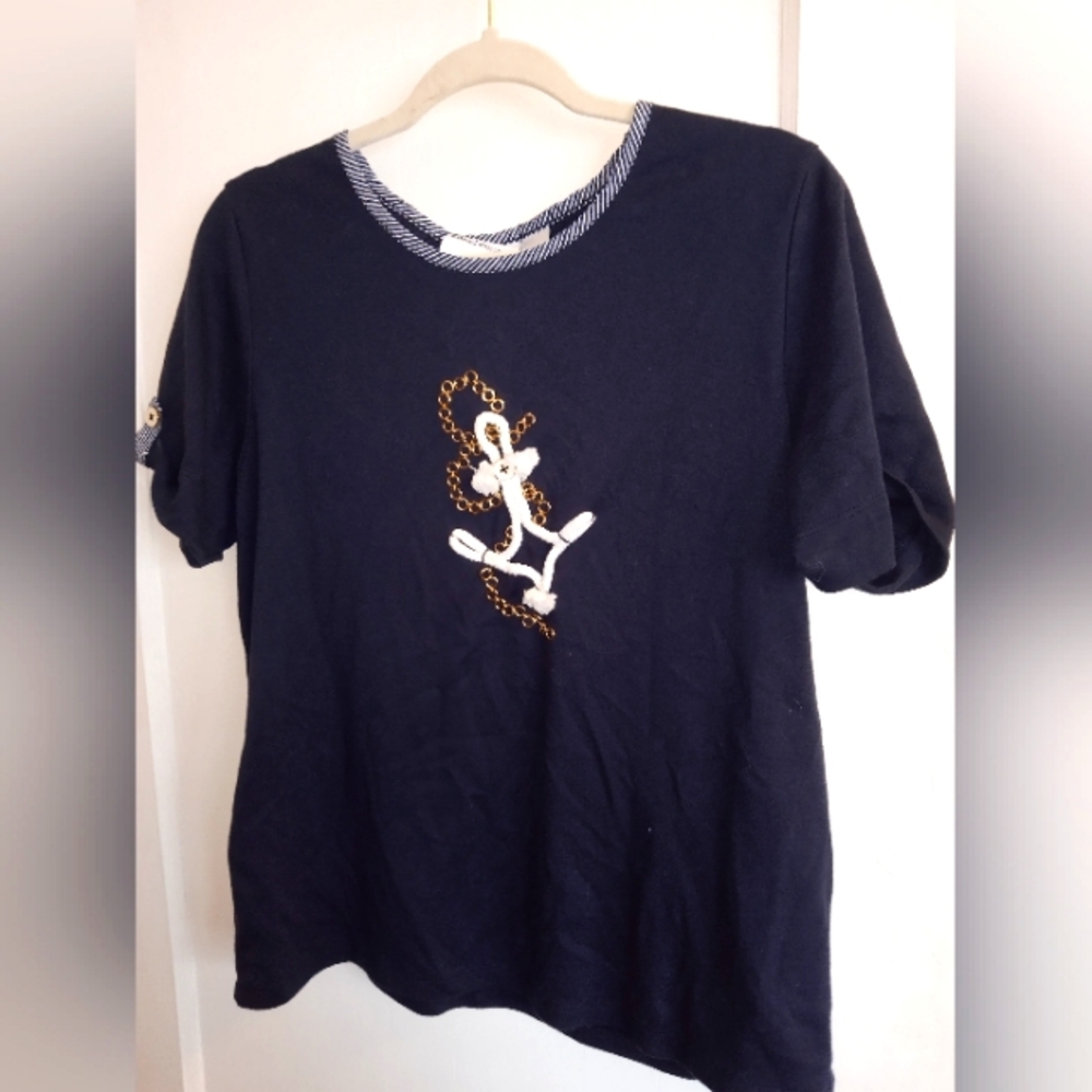Women's Alfred Dunner Navy Blue Anchor Short Sleeve Blouse M